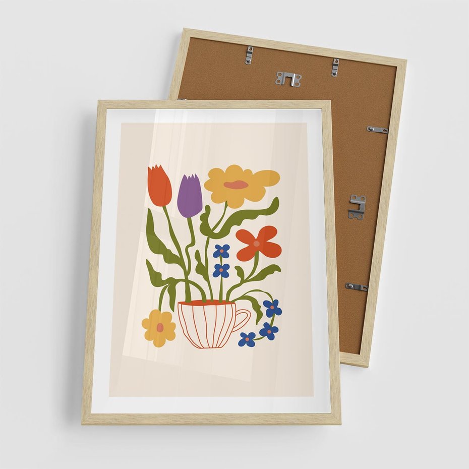 Plakat w ramie 50x70 - Kolorowe Granice - kwiaty w filizance, abstrakcja - rama drewno