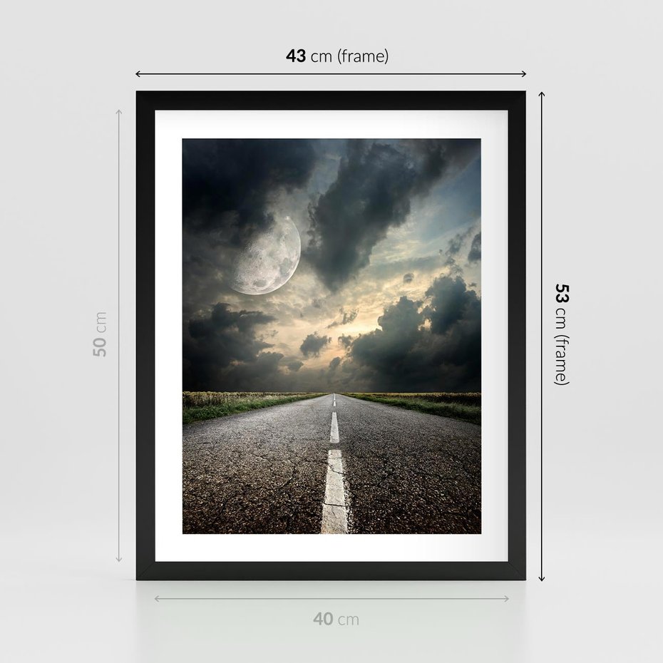 Plakat w ramie 40x50 - magia nocnej drogi - droga, księżyc - rama czarna