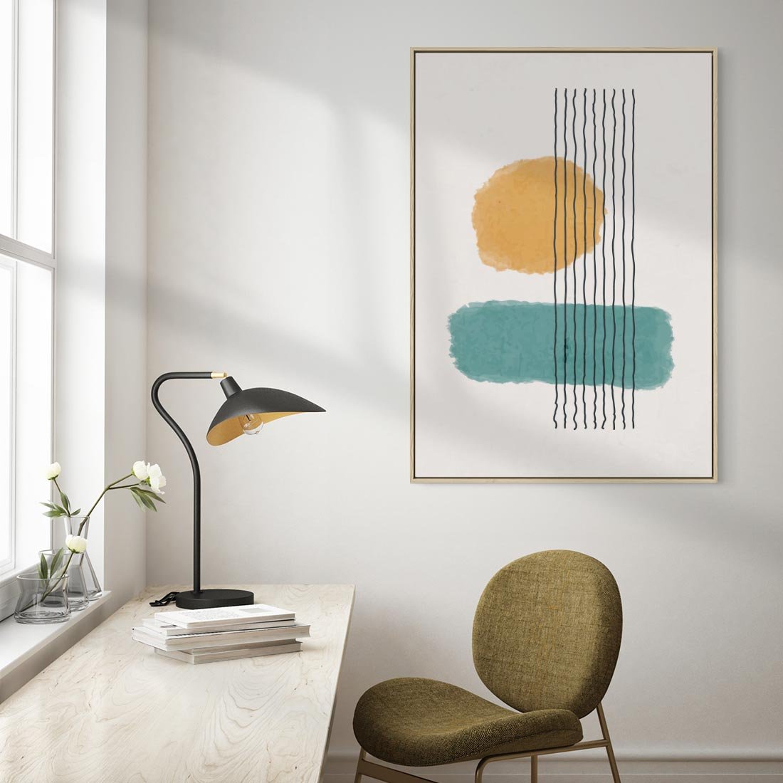 Obraz w ramie 50x70 - Wibracje Barw - abstrakcyjne akwarelowe plamy, nieregularne kreski - rama drewno