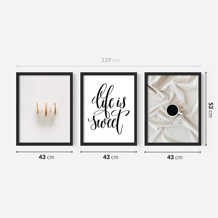 Zestaw obrazy w ramie 40x50 galeria - Makaroniki, kawa, typografia, napisy - rama czarna