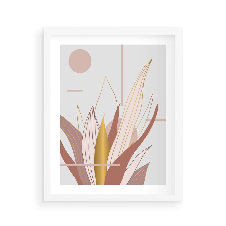 Plakat w ramie 40x50 - Złota Grafika Liści: Wyjątkowa Dekoracja - liście, złoto - rama biała
