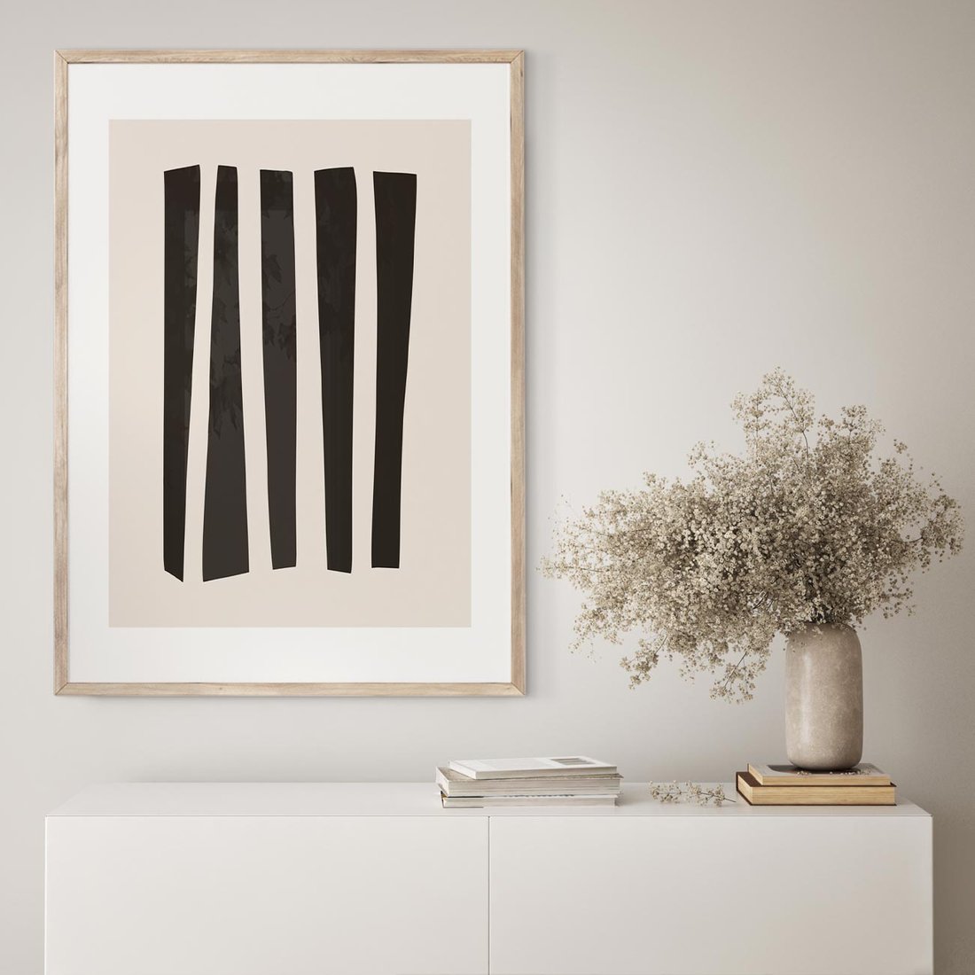 Plakat w ramie 50x70 - Migotliwa Transformacja Form - minimalizm, czarne pasy - rama drewno