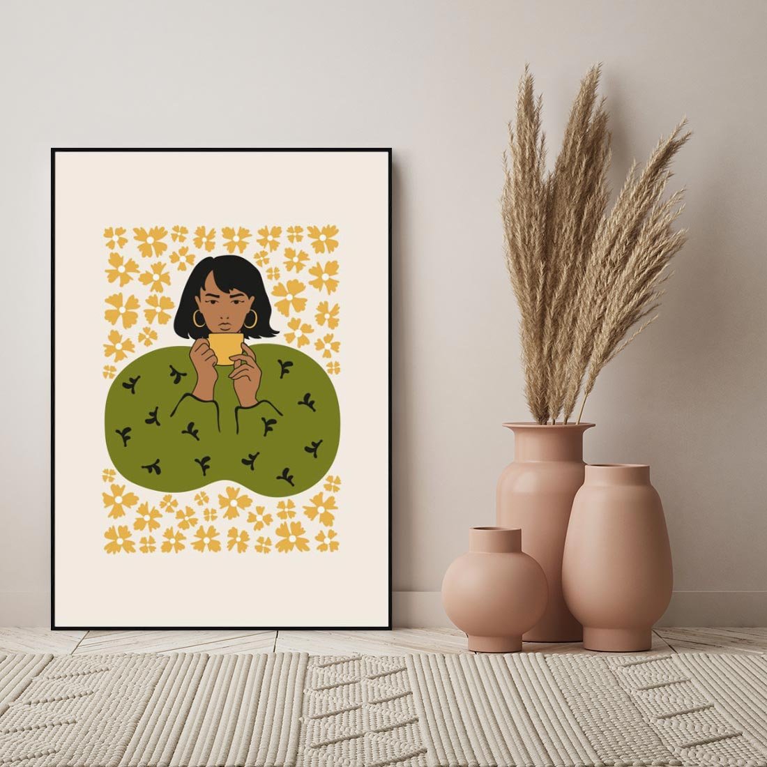 Obraz w ramie 70x100 - Wewnętrzne Fale - nowoczesny plakat, kobieta otoczona liśćmi - rama czarna