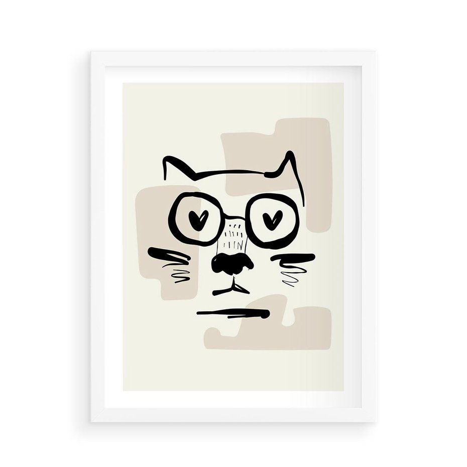 Plakat w ramie 50x70 - Minimalistyczny Kot: Czarna Kreska - kot, grafika - rama biała