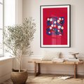 Plakat w ramie 30x40 - Kolorowe Przenikanie - abstrakcyjna kwiatowa kompozycja, czerwone mocne tło - rama czarna