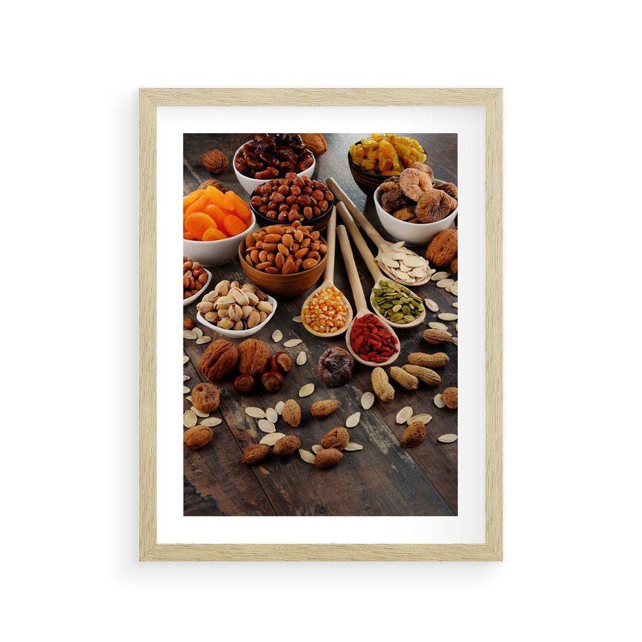 Plakat w ramie 30x40 - Szlachetne smaki kuchni - nasiona, bakalie - rama drewno