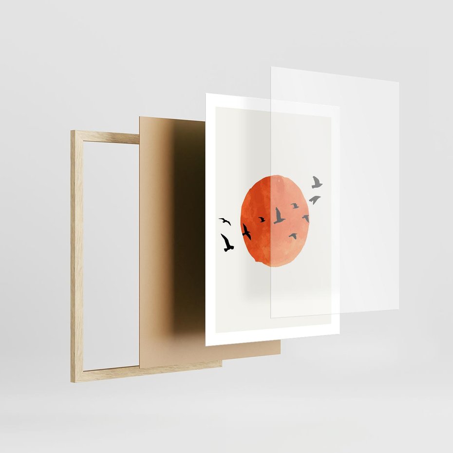 Plakat w ramie 50x70 - Zachód Słońca i Ptaki - grafika akwarela, czarne ptaki na tle zachodu słońca - rama drewno
