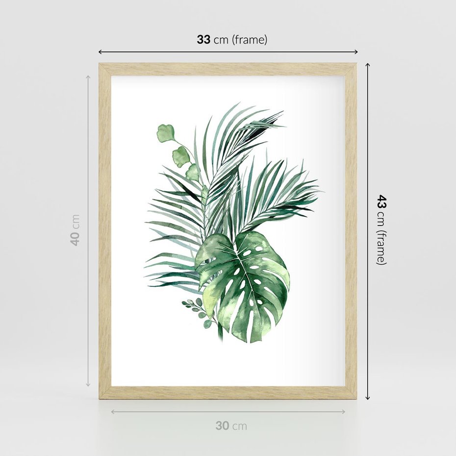 Plakat w ramie 30x40 - Liście i Życie: Akwarelowa Oaza - akwarelowy obrazek, pamy - rama drewno