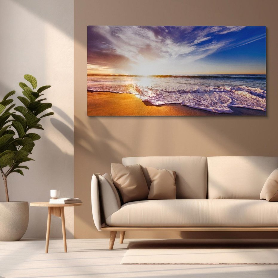 Obraz na płótnie 140x70 - Zachód słońca na plaży: Magia nad morzem - morze, plaża