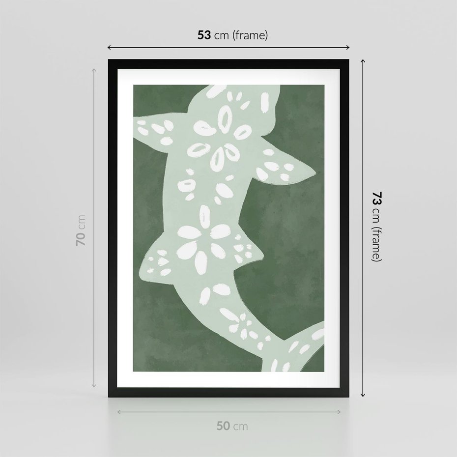 Plakat w ramie 50x70 - Migotliwe Wibracje Zieleni - zielony plakat, abstrakcja przypominająca rybę - rama czarna