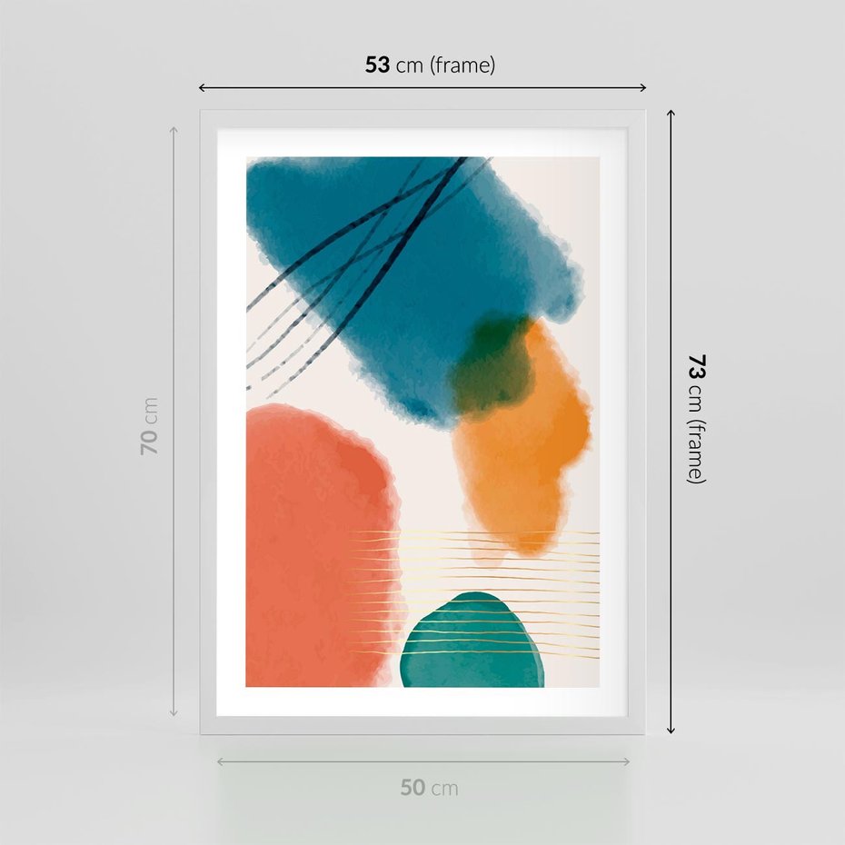 Plakat w ramie 50x70 - Migotliwe Pochwycenia - abstrakcyjne kolorowe plamy, akwarela - rama biała