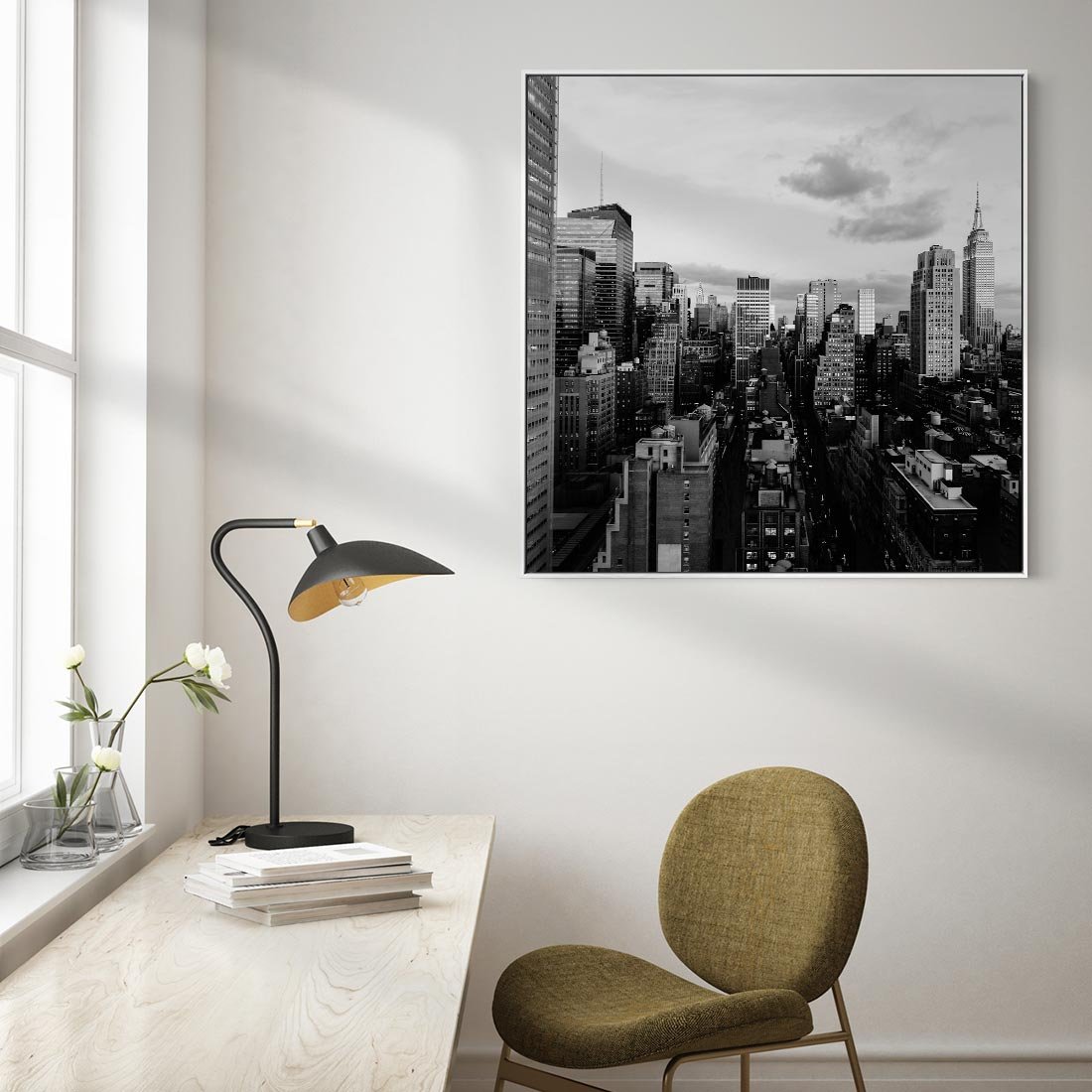 Obraz w ramie 50x50 - Wibracje Miejskiego Życia - miasto, wieżowce - rama biała