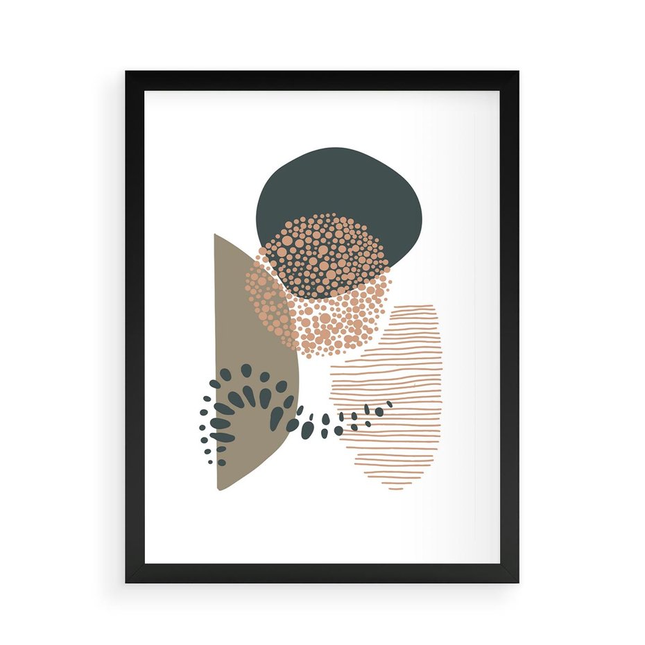 Plakat w ramie 50x70 - Harmonia Akwarelowych Przestrzeni - abstrakcyjna kompozycja z kropek kresek i kółek, odcienie brązu i beżu - rama czarna