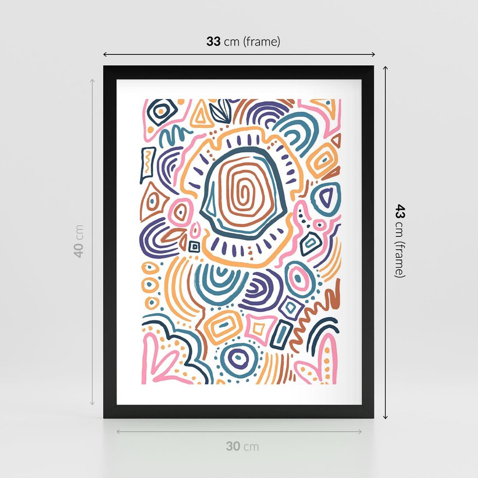 Plakat w ramie 30x40 - Strukturalne Odbicia Boho - kolorowe etniczne wzory, tęczowe żywe kolory - rama czarna