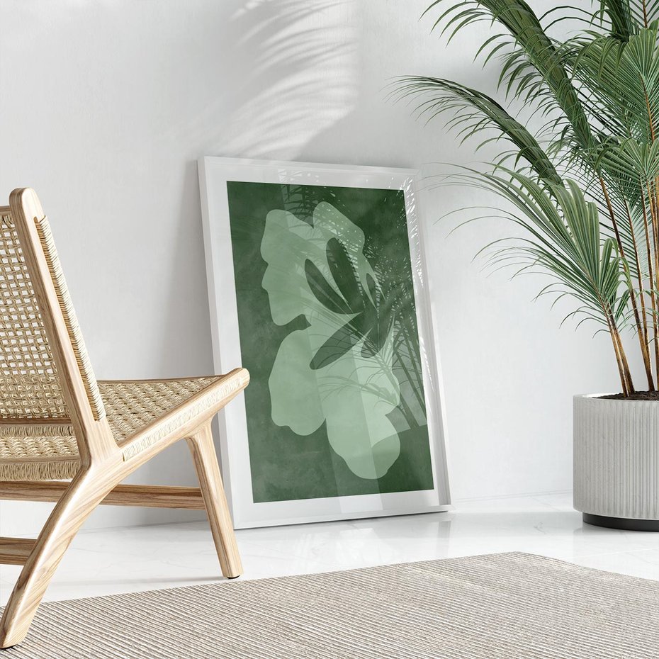 Plakat w ramie 40x50 - Kształty Zieleni - abstrakcyjny kształt, zielony plakat - rama biała