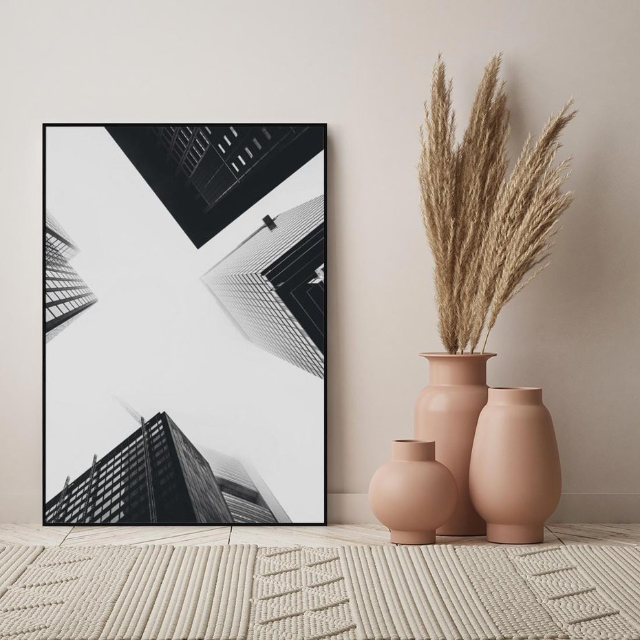 Obraz w ramie 50x70 - Nowoczesna Dynamika - perspektywa, wieżowce - rama czarna