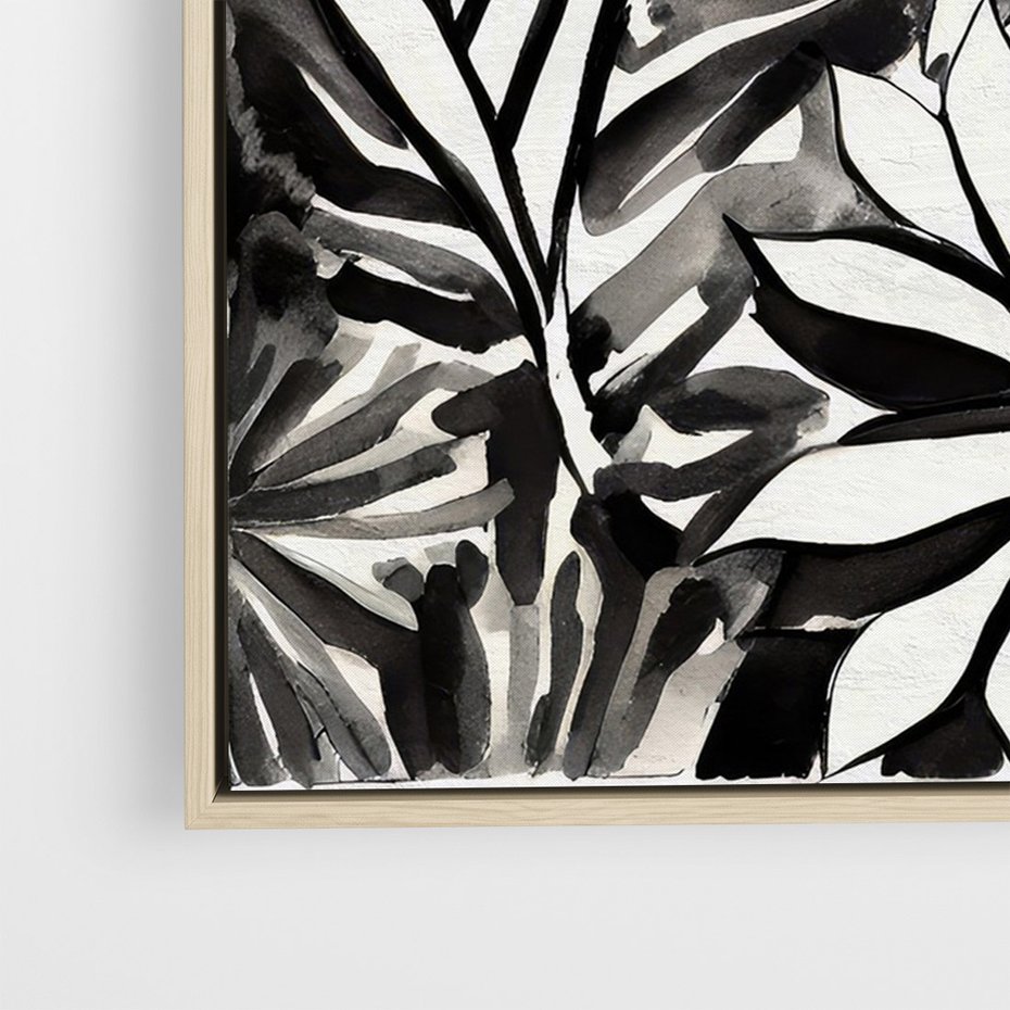 Obraz w ramie 50x70 - Czarne Liście - akwarelowy obraz, czarno biały - rama drewno