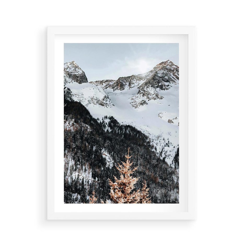 Plakat w ramie 50x70 - Górski Raj - góry, śnieg - rama biała