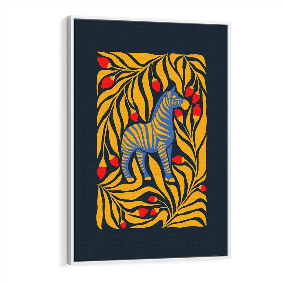 Obraz w ramie 70x100 - Wibracje Wyobraźni - zebra, granatowe tłó - rama biała