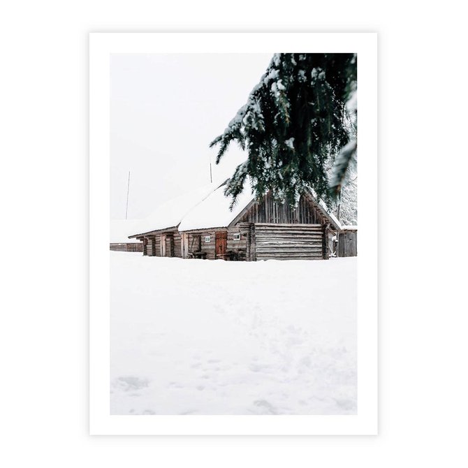 Plakat bez ramy 21x30 - Zimowy Azyl - domek w górach, śnieg