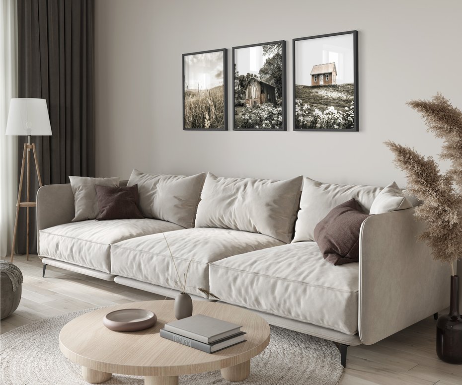 Zestaw obrazy w ramie 50x70 galeria - Domki, pola, łąki, w, sepii - rama czarna