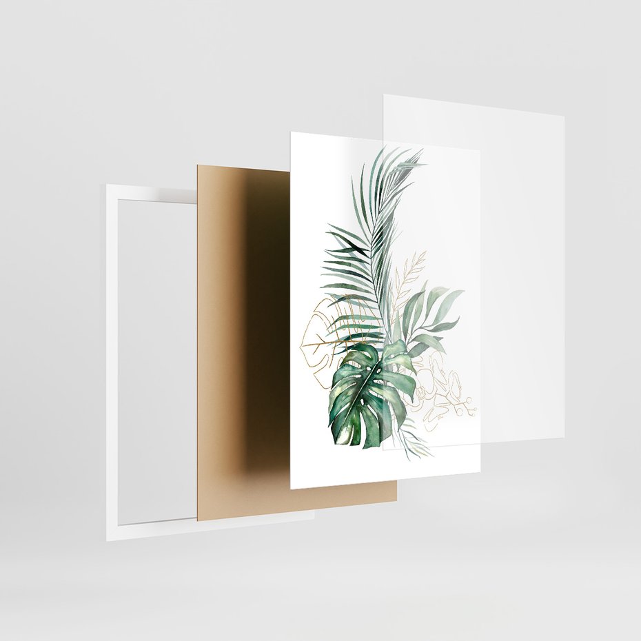 Zestaw obrazy w ramie 50x70 galeria - Liście, monstera, palma, złote, akwarela - rama biała