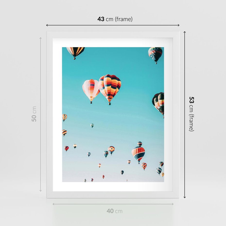 Plakat w ramie 40x50 - Balonowa Ekscytacja - balony latają w powietrzu, wyścigi balonów - rama biała