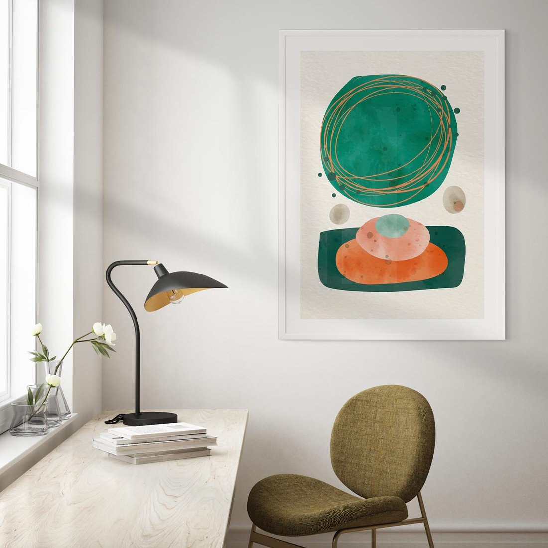 Plakat w ramie 30x40 - Rozmyte Granice - abstrakcyjne plamy, zielony - rama biała