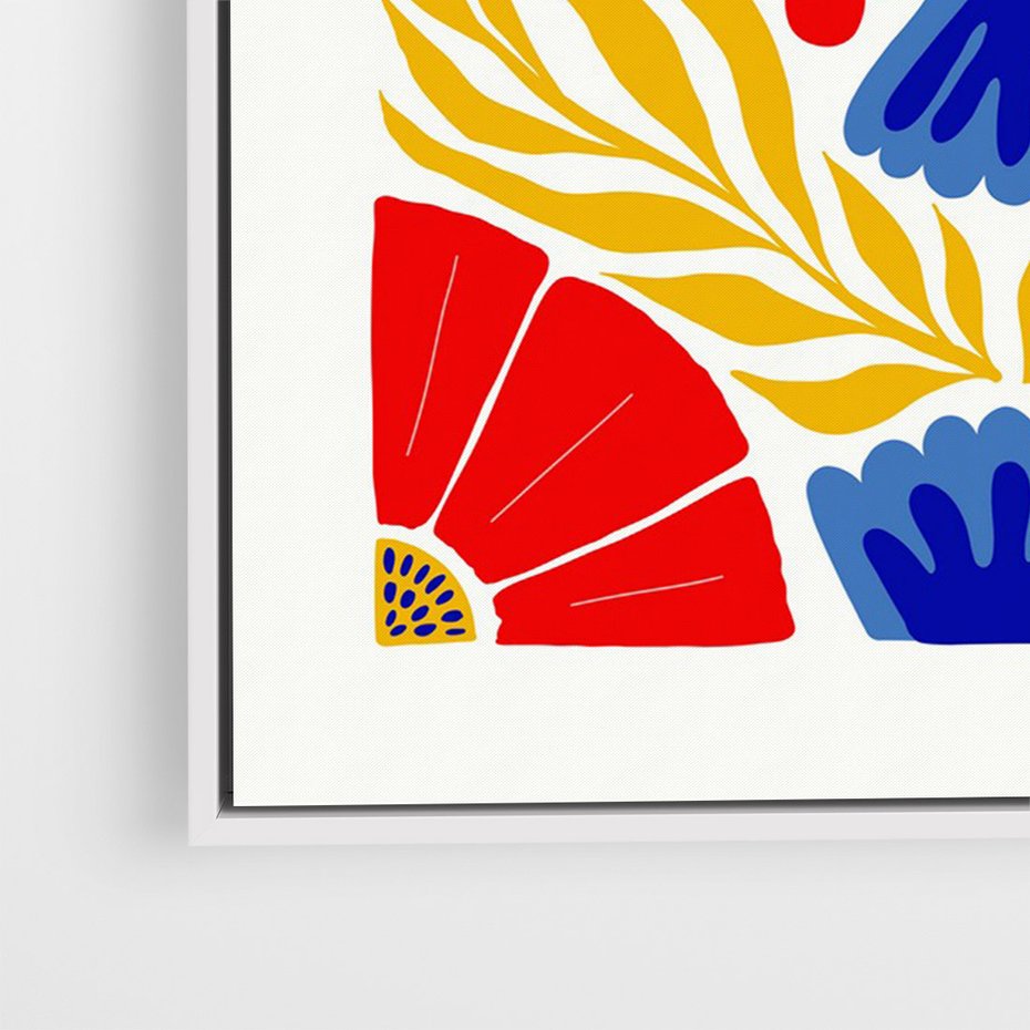 Obraz w ramie 50x70 - Eklektyczny Majestat - wyrazista grafika, mocne kolory czerwień niebieski żółty - rama biała