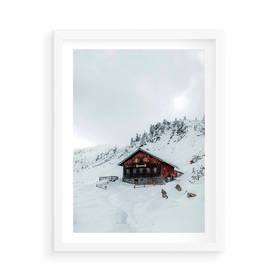 Plakat w ramie 50x70 - Zimowa Magia - domek, śnieg - rama biała
