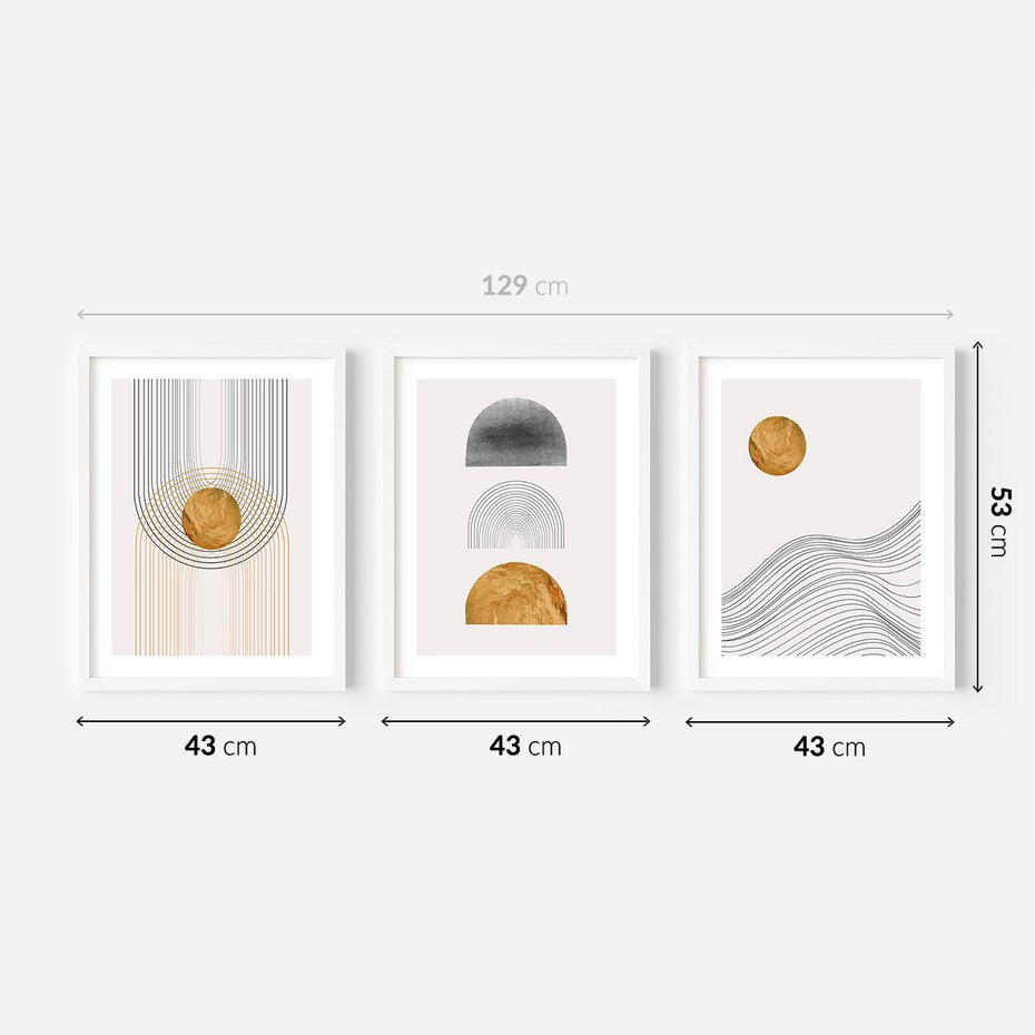 Zestaw obrazy w ramie 40x50 galeria - Minimalizm, japońskie, kształty, złoto - rama biała