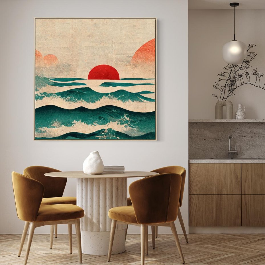 Obraz w ramie 50x50 - Czerwone Melodie - japońska sztuka, zachód słońca nad oceanem - rama drewno