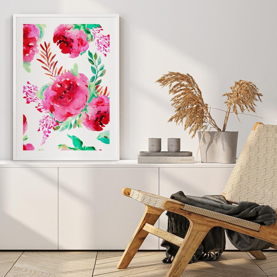 Plakat w ramie 30x40 - Delikatna Akwarela - kwiaty, akwarela - rama biała