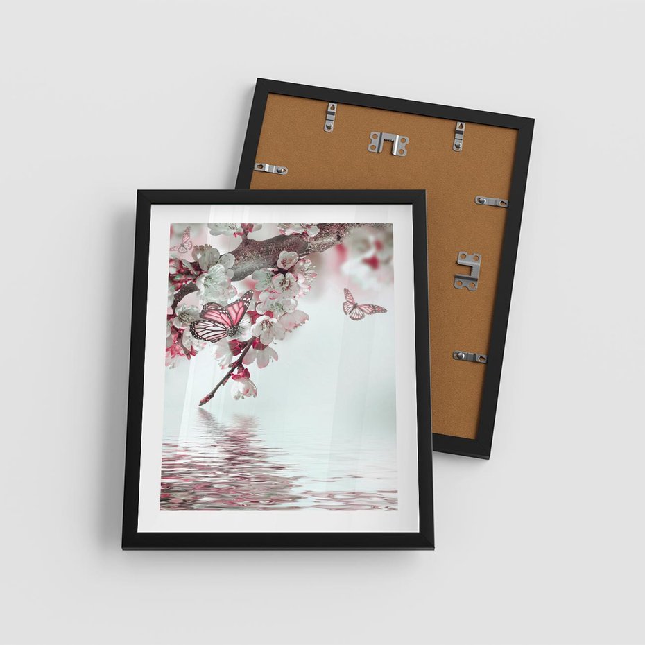 Plakat w ramie 40x50 - Kwiatowa baśń z motylami - kwiaty, motyle - rama czarna