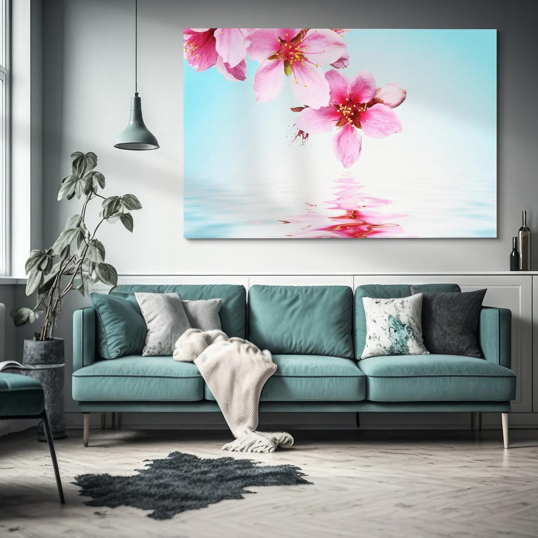 Obraz na płótnie 120x80 - Kwiatowa oaza nad wodą - kwiaty, woda