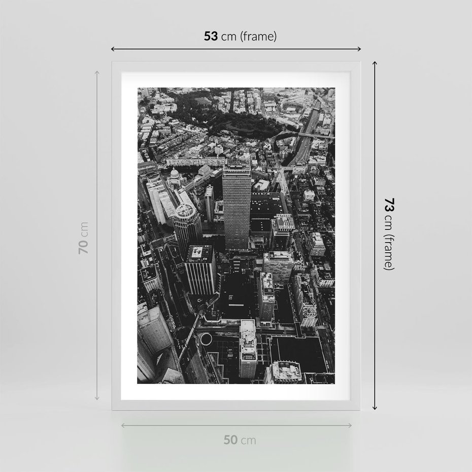 Plakat w ramie 50x70 - Kontrastujące miasto - miasto, biało - rama biała