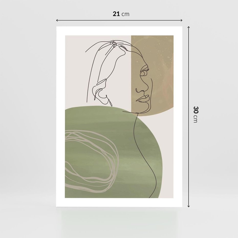 Plakat bez ramy 21x30 - Jedna Linia, Wiele Emocji - akwarelowe plamy, na nich szkic postaci kobiety jedną linią