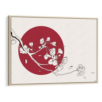 Obraz w ramie 70x50 - Esencja Zen - kwiatnąca wiśnia, orientalna grafika - rama drewno