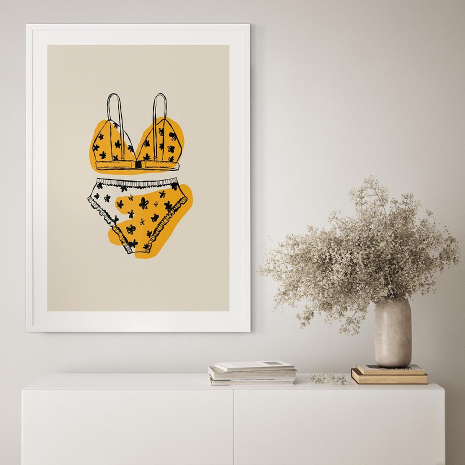 Plakat w ramie 50x70 - Minimalistyczny Szkic Bielizny - minimalistyczna grafika, szkic bielizny - rama biała
