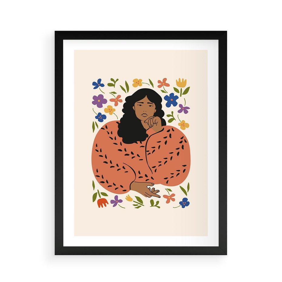 Plakat w ramie 50x70 - Rozplątane Emocje - nowoczesny plakat, kobieta otoczona kwiatami - rama czarna