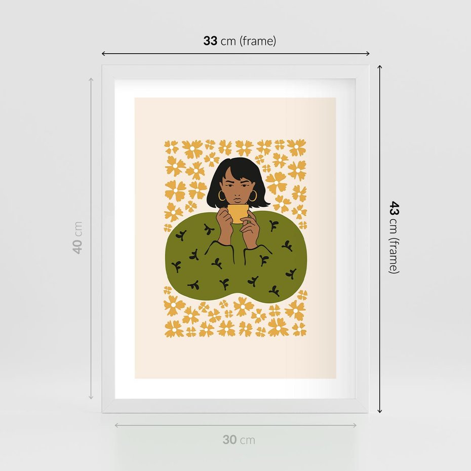 Plakat w ramie 30x40 - Wewnętrzne Fale - nowoczesny plakat, kobieta otoczona liśćmi - rama biała