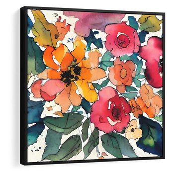Obraz w ramie 50x50 - Kwiatowy Impuls Kolorów - abstrakcyjne kolorowe kwiaty, szkic - rama czarna