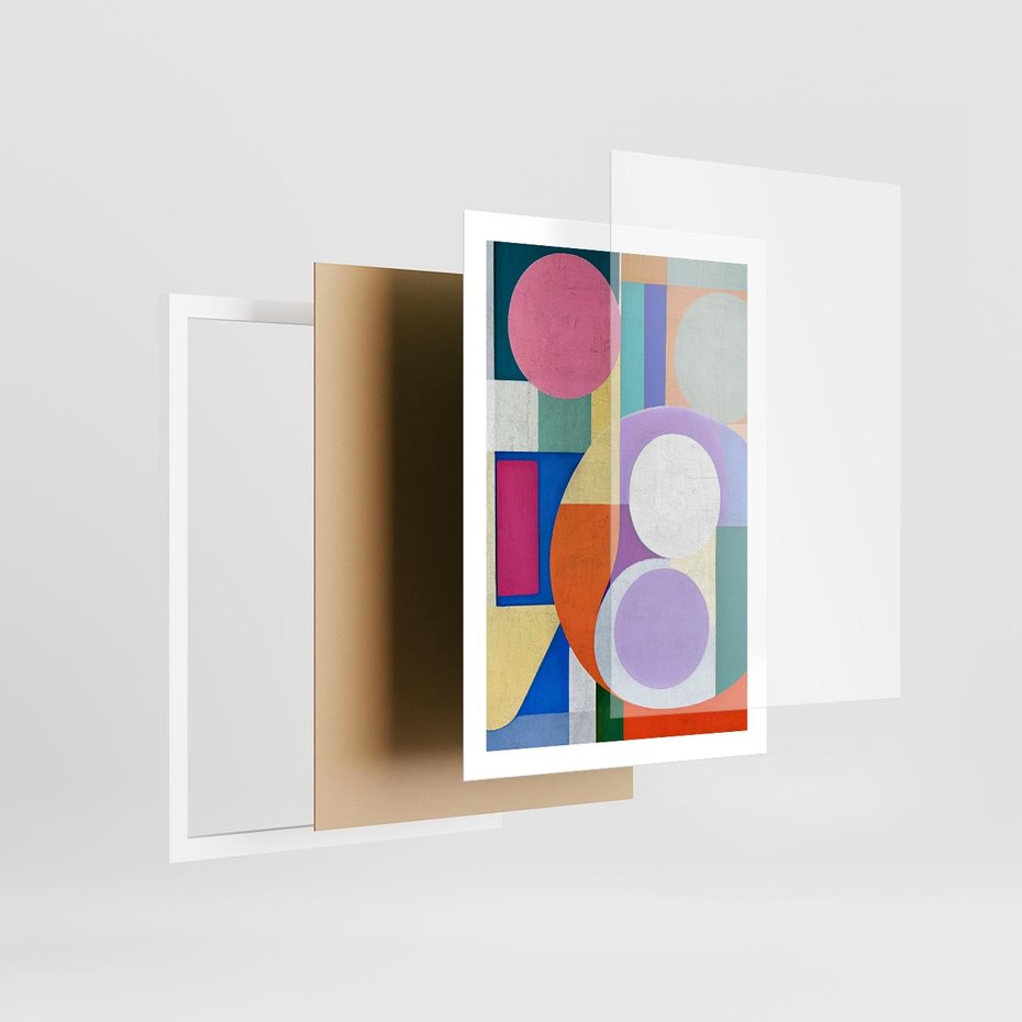 Plakat w ramie 50x70 - Migotliwe Impulsy Dźwięku - różne geometryczne formy, koła - rama biała