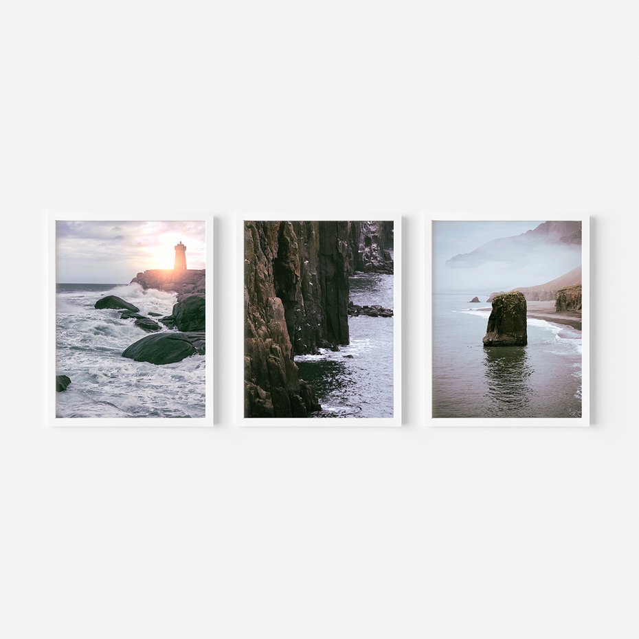 Zestaw obrazy w ramie 50x70 galeria - Morze, fale, latarnia, morska, zachód - rama biała