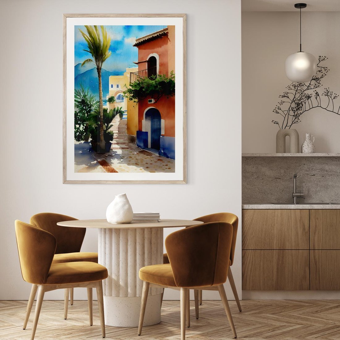 Plakat w ramie 30x40 - Spokój Miasta nad Morzem - akwarela, sródziemnomorski klimat - rama drewno