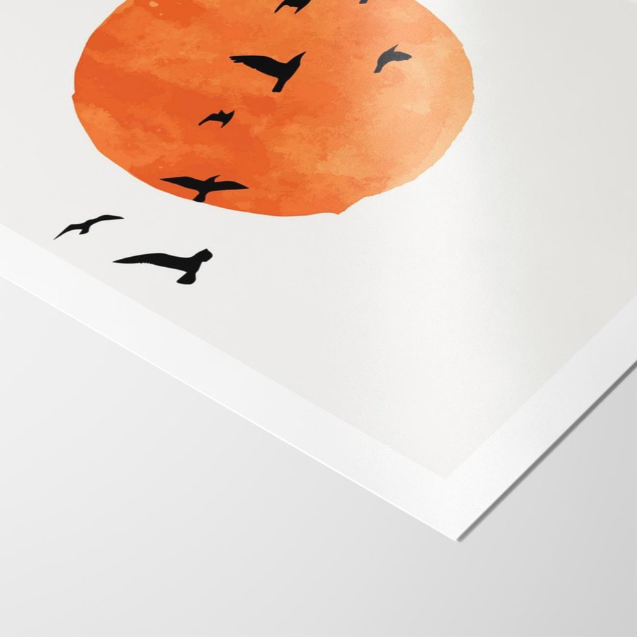 Plakat bez ramy 30x40 - Zachód Słońca i Ptaki - grafika akwarela, czarne ptaki na tle zachodu słońca
