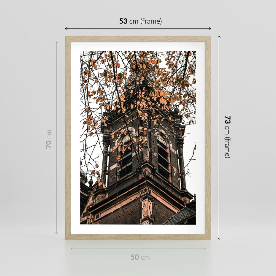 Plakat w ramie 50x70 - Jesienna Wieża w Liściach - architektura, wieża - rama drewno