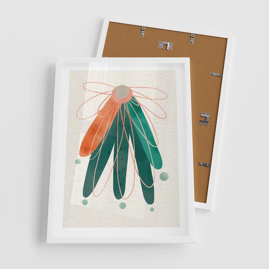 Plakat w ramie 50x70 - Energetyczna Harmonia Kwiatów - akwarelowe abstrakcyjne kształty, zieleń i pomarańcz - rama biała