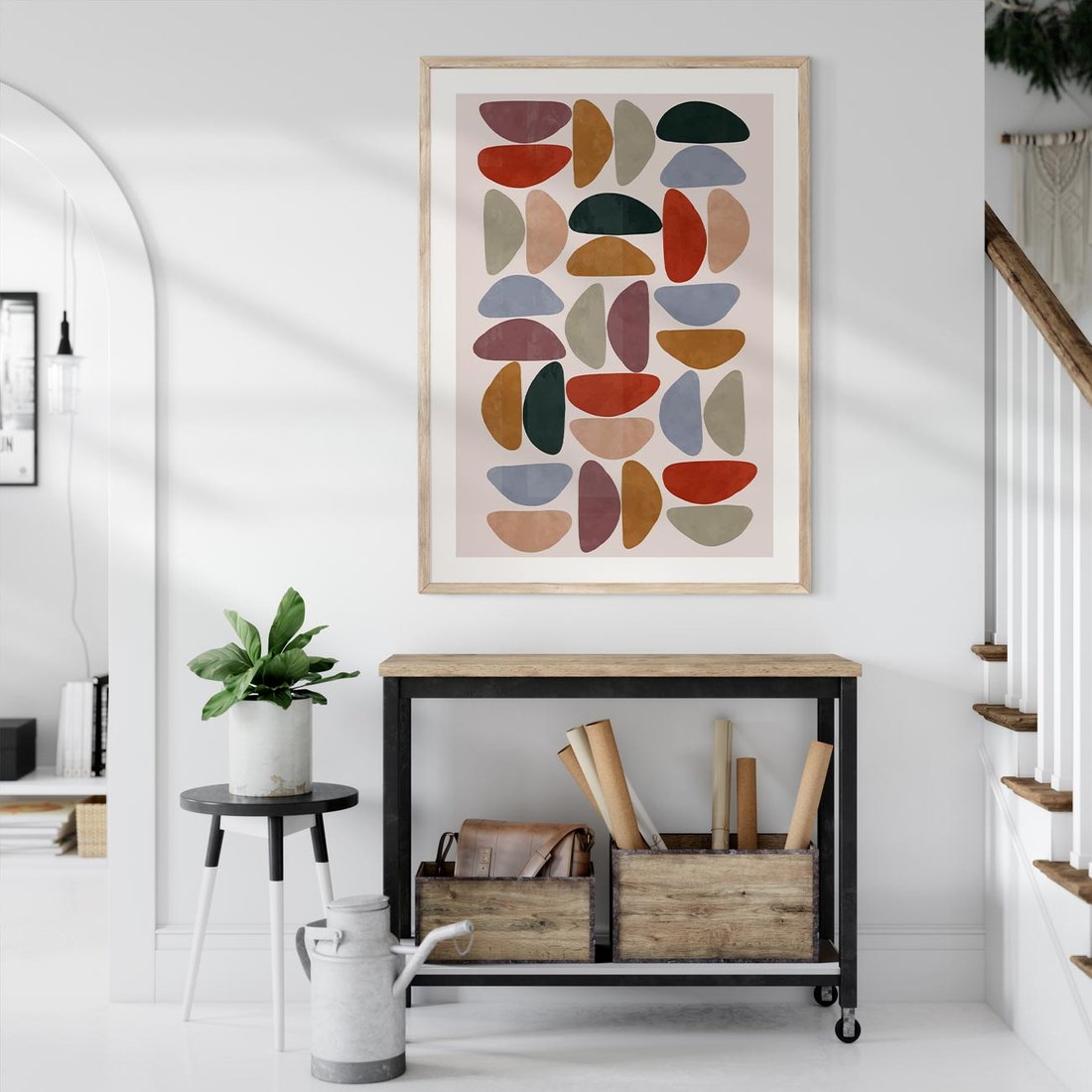 Plakat w ramie 40x50 - Kolorowe Echo Boho - abstrakcyjny obraz, geometryczna kompozycja - rama drewno