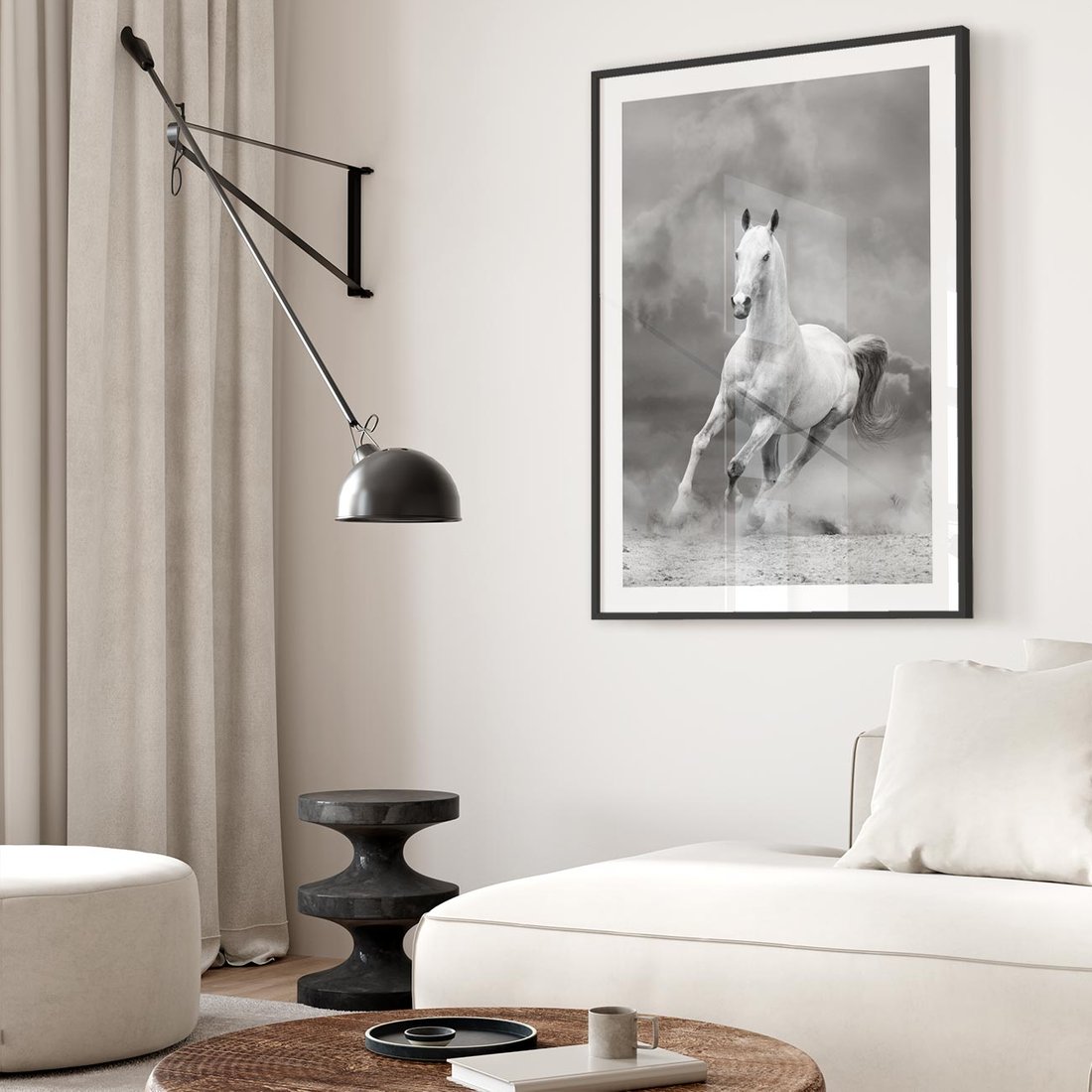 Plakat w ramie 30x40 - Elegancja w Czarno-Białym - koń, biało - rama czarna